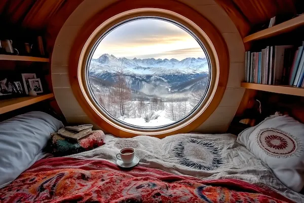 round window with mountain view