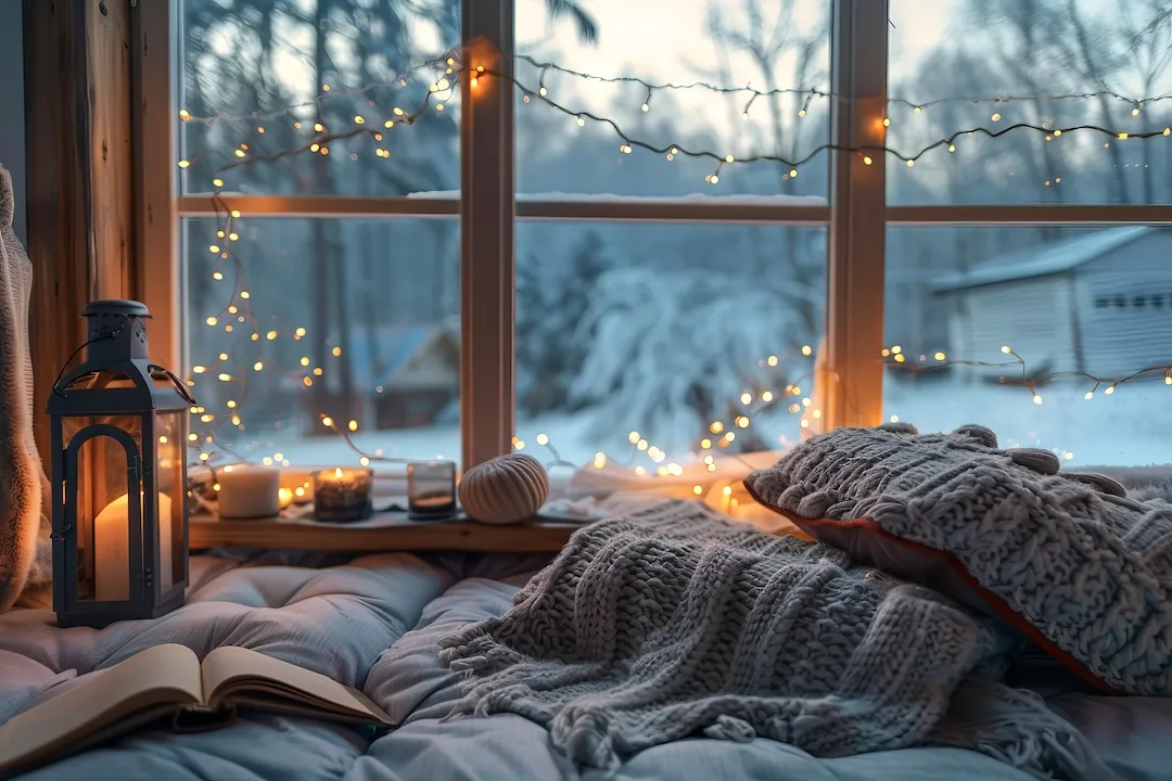 cosy reading set up next to a window, winter view outside